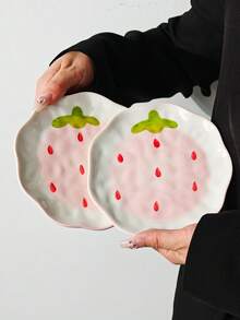 1pc/2pcs/4pcs Strawberry Ceramic Plate Set, 6-Inch Cartoon Underglaze Cake Dessert Plate, Fruit Snack Plate, Breakfast Bread Plate, Afternoon Tea Snack Plate, Side Dish Plate, Korean Kimchi Plate, Tabletop Bone Plate, Tabletop Trash Tray, Microwave Oven, Dishwasher - Multicolor - View 12