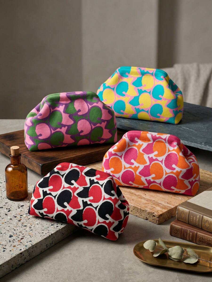 Original Abstract Color-Block Printed Knit Clutch, Purses And Bags For Women, Makeup Bag, Suitable For Daily Storage And Gifting - Multicolor - View 1