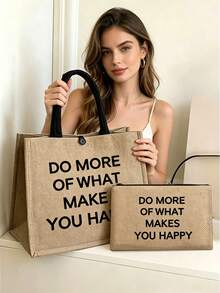 大容量亞麻托特包，飾有「DO MORE OF WHAT MAKES YOU HAPPY」字母圖案，便攜大容量購物袋，亞麻手柄手提包，多功能收納袋，個性化禮品袋，適用於旅行、購物、度假、返校、派對等場合，教師節、生日、返校季、週年紀念、節日禮物、派對活動禮物的最佳伴侶選擇 - 彩色 - 查看 2