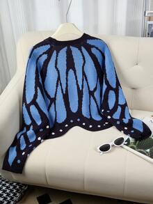 Butterfly Cape Knit Cardigan, Contrast Color Crochet Design, Loose Batwing Sleeves, Spring/Autumn Atmosphere Outerwear Sweater Jacket - Multicolor 4 - View 8