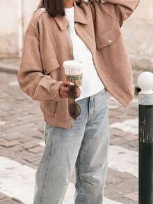 Middle-Aged Women Camel Faux Suede Lapel Jacket, Loose Drop Shoulder Short Casual Spring/Autumn Versatile Top - Camel - View 5