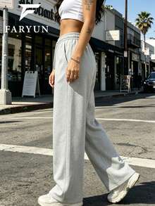Women's Gray & Rose Red Wide Leg Casual Sports Pants, 2-Piece Set, Loose Fit Vacation Pants, Suitable For All Seasons - Multicolor - View 7