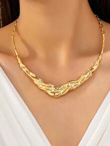 1 pieza Collar de mujer con forma de V ondulada de moda, versátil para verano, playa y festival, cadena para la clavícula - Amarillo Oro - Ver 1