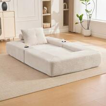 Folding Corduroy Sofa With High-Density Foam And Spring Core For Stable Seating, Side Pocket And Cup Holder, Armrest With Zip, Vacuum Packed, Easy Assembly, For Apartment And Living Room. - 米色 - 查看 6