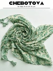 1pc Spring/Summer New Green Leaf Tassel Silk Scarf, Versatile Outdoor Sun Protection Shawl, Travel Photo Decoration Beach Towel, Daily Use Printed Silk Scarf - Green - View 1