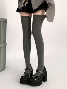 Solid Color Simple Style Warm Over The Knee Thigh High Socks For Autumn And Winter, Cozy - Grey - View 6