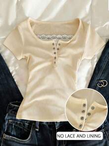 Camiseta de manga corta casual y de oficina con contraste de encaje y botones a la mitad, para verano - Multicolor 8 - Ver 6