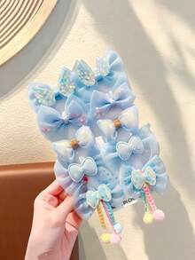 10pcs Light Blue Tulle Bow Hair Clips Set, Sequin Wings & Colorful Pom Pom Tassel Hair Clips, Fairy Princess Hair Accessories For Girls - Multicolor - View 3