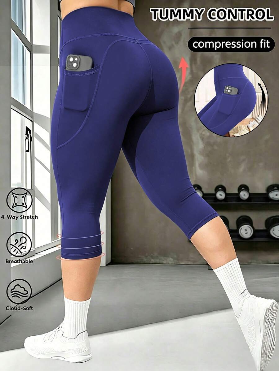 1pc Plus Size Yoga Pants With Pockets, High Waist Slimming Tummy Control Sports Leggings, Capri Length Running Yoga Tights - Royal Blue - View 1