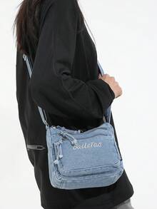 迷你時尚花卉刺繡牛仔多口袋斜挎包－百搭女款單肩包，小牛仔包，可調肩帶媽媽包 - 藍色 - 查看 5
