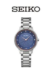 SEIKO 32mm Silver Stainless Steel Ladies Dress Watch Sparkly Starry Blue Dial Crystal Bezel 5ATM Waterproof AH7W29X1 - Silver - View 5
