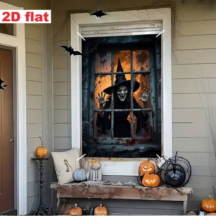 1pc Halloween Background Cloth With Scary Witch Design, High-Definition Printing On Polyester Fabric, Suitable For Halloween Parties And Birthday Props And Supplies - A - View 1