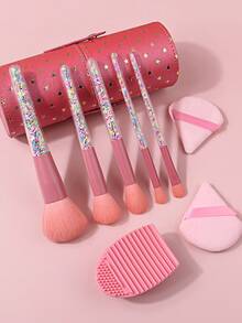 5 Peças Conjunto de Pincéis de Maquiagem com Tubo de Armazenamento, Ferramentas de Maquiagem de Alta Qualidade, Pincel de Blush, Pincel de Contorno, Pincel de Sombra, Pincel de Iluminador, Pincel de Contorno de Nariz, Puff de Pó, Almofada de Limpeza de Silicone, Conjunto Completo para Iniciantes, Portátil para Viagem, Presente para Mulheres - Rosa chiclete - Visão 5