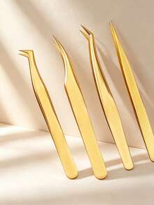 4pcs/1pc Gold Stainless Steel Tweezers Set, Professional Precision Eyelash Tools, Beautician Set, Affordable Makeup Tools, Travel Essential, Gift For Women, Holiday Necessity - Gold - View 9