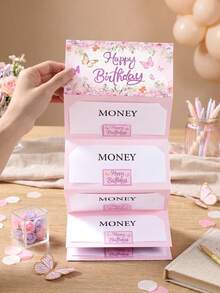 Faltbare Geldkarte zum Geburtstag mit Schmetterling- und Blumenmuster und Umschlag, rosa Geldgeschenk für Babyparty und Mädchen-Geburtstagsfeier - Verschiedenfarbig - Übersicht 3