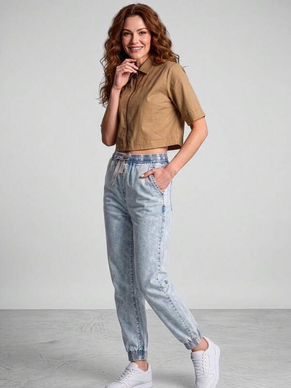 Pantalon de jogging à taille élastique bleu clair pour femmes