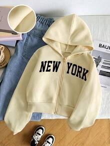 1pc Girls' New York Letter Print Zip-Up Hooded Jacket, Simple Cute Casual Young Girl' Sweatshirt - Apricot - View 2