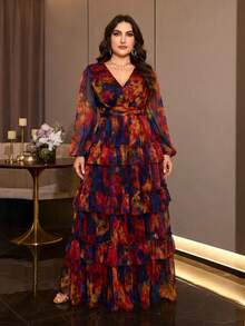 Plus Size Women's New Elegant Romantic Floral Patchwork Design Swing Dress Vacation - Multicolor - View 6