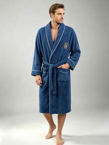 Lapel - Plain Trim Round Logo Bathrobe - Dark Blue