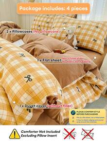 4PCS Yellow Plaid Cherry Bow Pattern Duvet Cover Set, Breathable For Spring/Summer, Includes 1 Duvet Cover, 1 Bed Sheet, 2 Pillowcases, Duvet Insert And Pillow Insert Not Included, Pillowcase Pattern Randomly Cut - Yellow - View 6