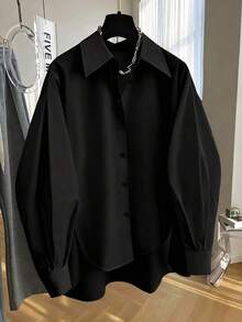 Plus Size Women's Solid Color Dropped Shoulder Long Sleeve Single Breasted Casual Shirt Black - Black - View 4
