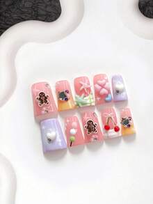 10pcs Sweet Style Handmade Press-On Nails, Polygel Nail Art Set, Heart, Starfish, Cherry And Star Patterns, Purple, Pink, Yellow Nail Polish, Cute Girl Style, Includes Nail Tools, 3 Sizes Available, Almond, Duck, Coffin Shape, Suitable For Party, Dancing, Daily Wear - 彩色 - 查看 2