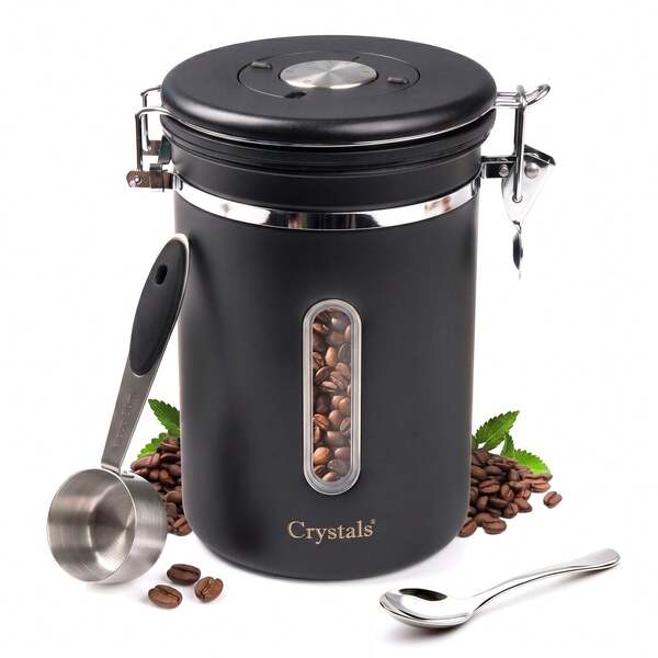 Crystals 1800ml Stainless Steel Coffee Bean Storage Canister Airtight Vacuum Food Container With Date Tracker And Scoop