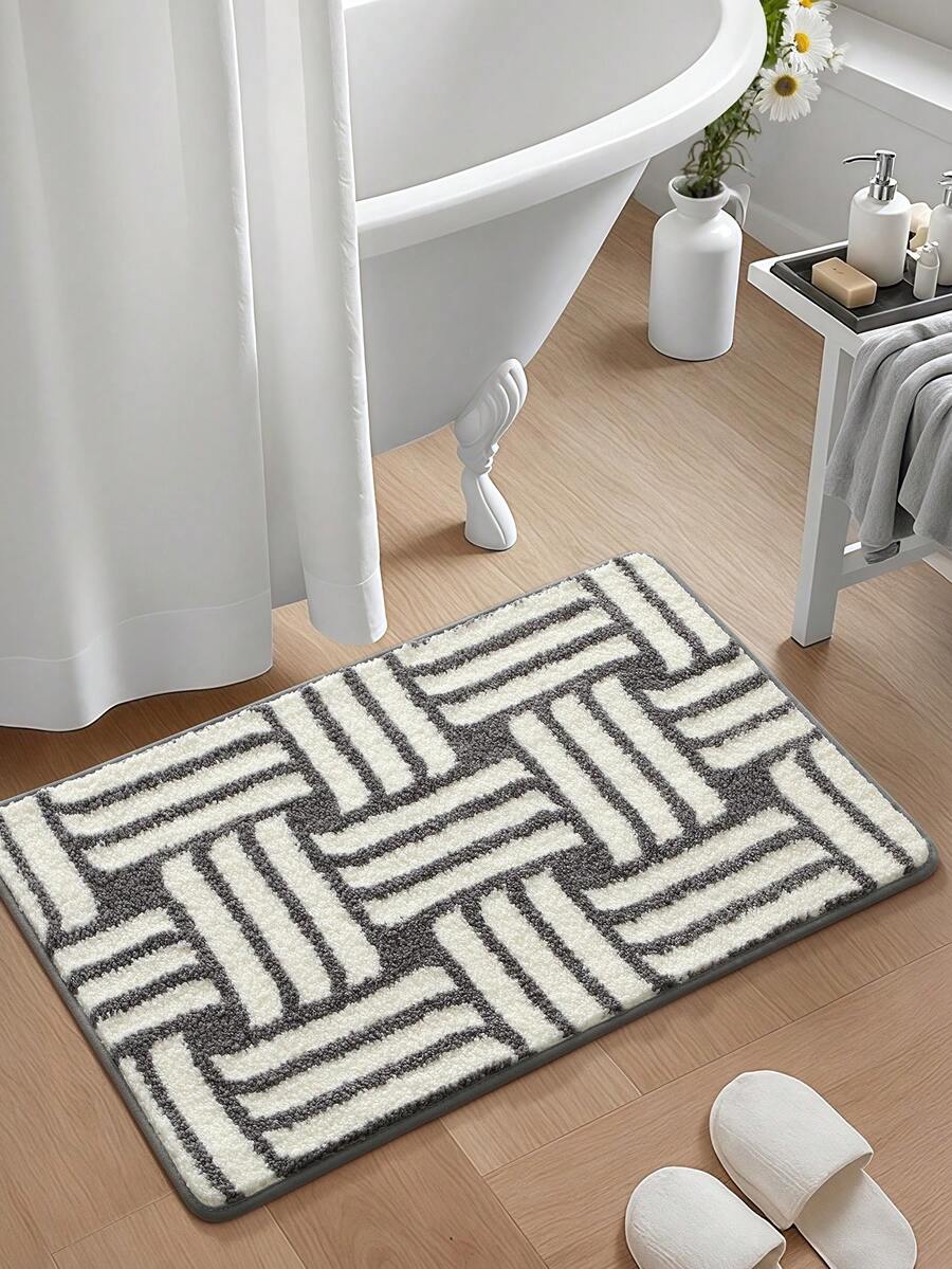 1pc Bathroom Rug Mat, Flocked Soft Comfortable Foot Feel, Geometric Color Block Design, TPR Non-Slip Backing, Suitable For Kitchen, Outdoor, Indoor, Hallway, Bedroom, Living Room, Bedside, Machine Washable Easy To Clean, Bathroom Decor Rug