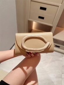 1pc European And American Fashion Metal Decor Mini Box Clutch, High-End Shiny Metal Strip Handle Women's Handbag, Elegant Luxury Evening Bag For Formal Dress, PU Leather Party Bag/Romantic Wedding Clutch/Ball Bag, Cocktail Bag, Back To School Dance Bag With Metal Chain - Apricot - View 7