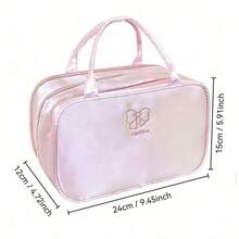 Tas Kosmetik Genggam 3 Lapis Nilon dengan Kompartemen Pita Merah Muda, Tas Penyimpanan Perlengkapan Mandi, Organizer Perjalanan Portabel - Baby Pink - View 2