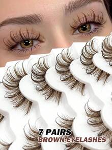 7 Pairs Brown Cartoon False Eyelashes, Transparent Stem, Suitable For Cartoon Style Eye Makeup, Reusable, Wet-Look Pointed Style, Daily Commute Travel Party Gift - Brown - View 1