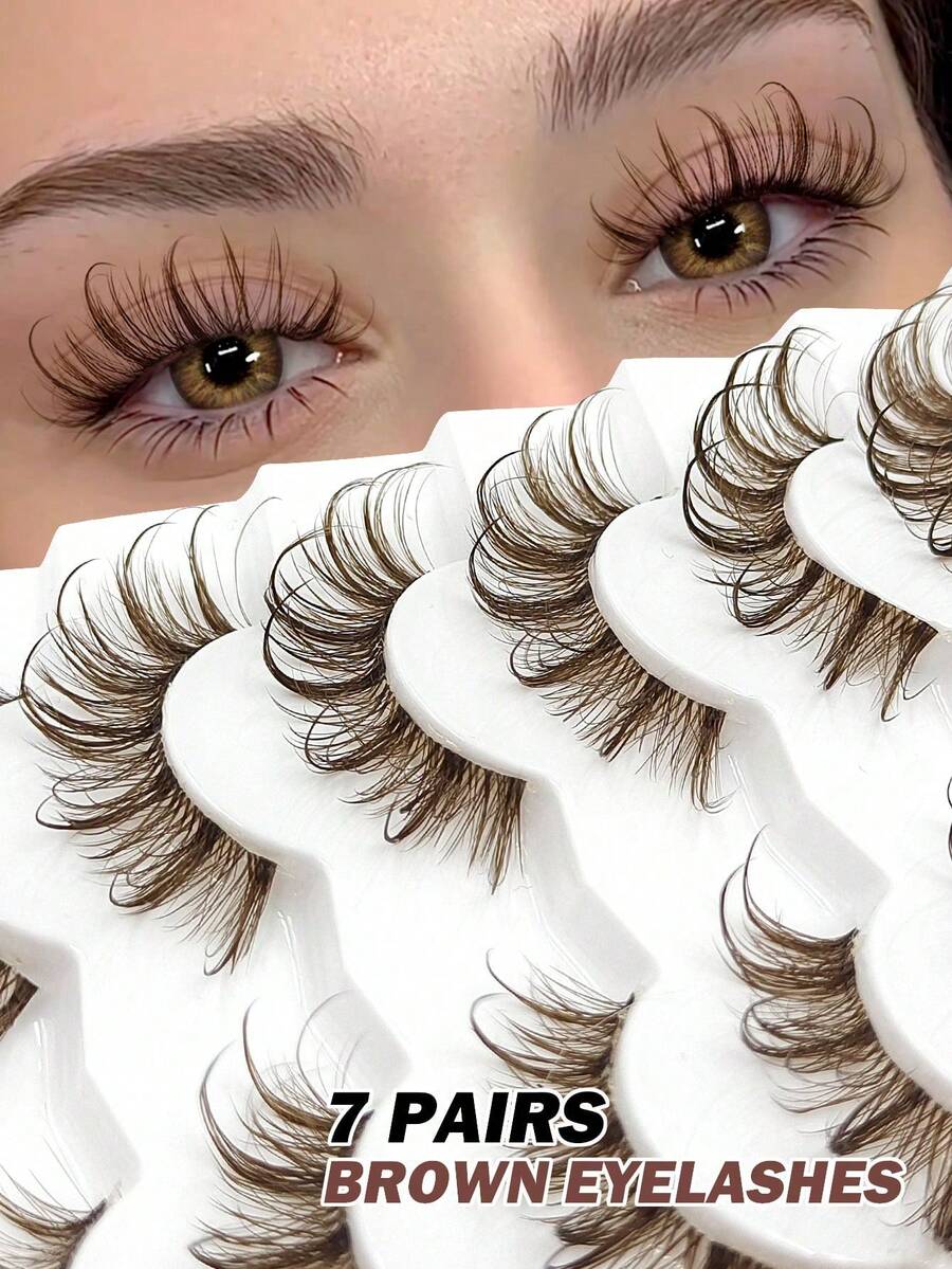 7 Pairs Brown Cartoon False Eyelashes, Transparent Stem, Suitable For Cartoon Style Eye Makeup, Reusable, Wet-Look Pointed Style, Daily Commute Travel Party Gift - Brown - View 1