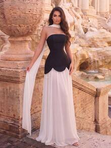 Faeriesty Elegant Strapless Evening Gown - Criss-Cross Back Straps, Flowing Drape - Perfect For Red Carpet Events, Weddings, Galas, And Social Gatherings - Black and White - View 3