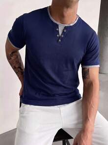 ZYNTH BALENO T-shirt homme mode d'été 2 en 1 ajusté à épaules régulières, col Henley, manches courtes, essentiel pour les sports d'été - Bleu marine - Voir 1