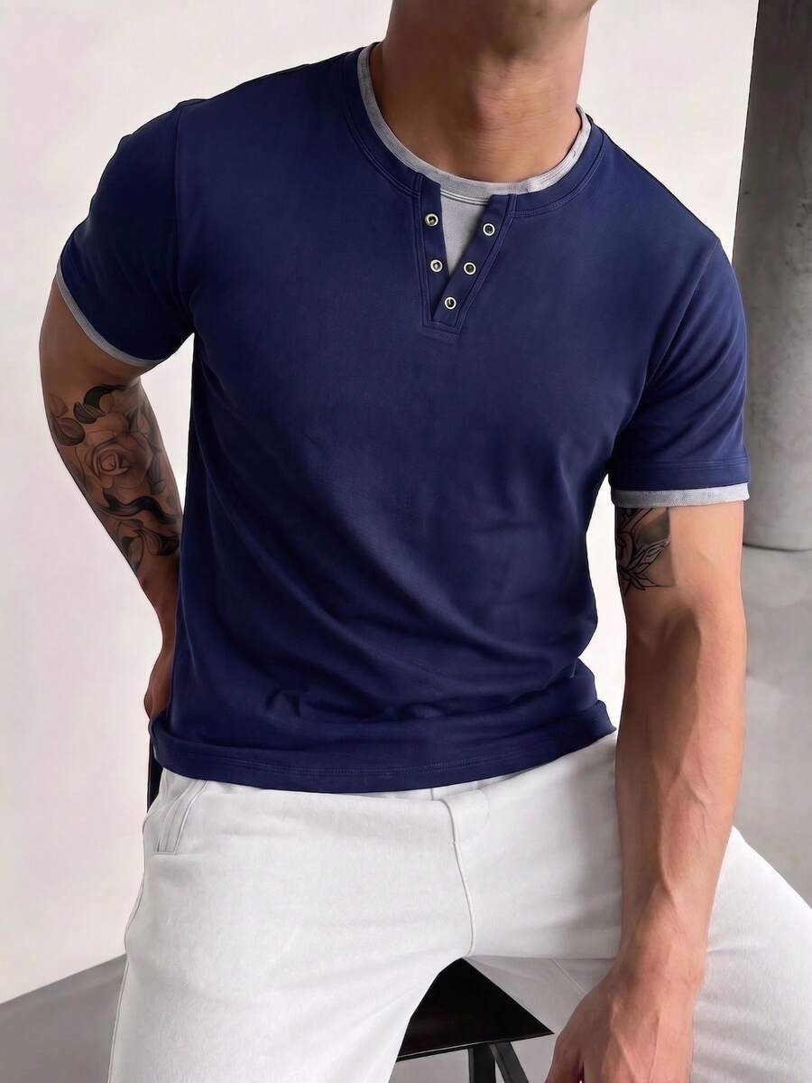 ZYNTH BALENO T-shirt homme mode d'été 2 en 1 ajusté à épaules régulières, col Henley, manches courtes, essentiel pour les sports d'été - Bleu marine - Voir 1