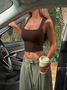 Women Square Neck Wide Strap Stretchy Slim Fit Crop Tank Top Basic Casual Camisole For Vacation Beach Street Daily Outdoor Wear - 咖啡棕 - 查看 2