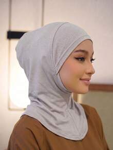 1 Buah Syal Kepala Beanie Elastis Warna Polos untuk Wanita - 063-Abu-abu Muda - View 3