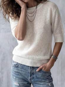 Women's Solid Color Round Neck Summer Soft Comfortable Minimalist Casual Fashion Versatile Knit Short Sleeve Top, Urban Style Daily Wear - White - View 5