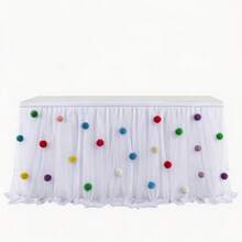 1 buah Rok Meja Tulle Putih dengan Pom Pom Warna-warni dan Pengikat Velcro, Cocok untuk Dekorasi Pesta Ulang Tahun, Pernikahan, dan Acara Baby Shower - Taplak meja jala pom-pom putih - View 9