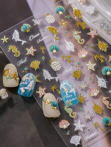 1pc Night Whale Nail Art Sticker, 5D Luxury Nail Decoration, Nail Art Accessories, Handmade Nail Sticker, Nail Tip, Nail Parts, Best Nail Art Product For Girls And Women, Summer Nail Tip, Simple Nail Art Technique Nail Stickers - Gold - View 3