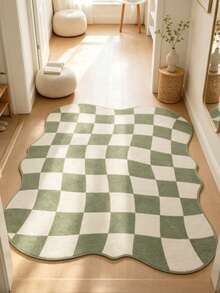 1pc Soft Green Checkerboard Asymmetrical Shaped Artistic Area Rug, Personalized Aesthetic Style Decor Mat, Ins Vibe Living Room Aesthetic Carpet, Modern Minimalist Soft Furnishing Accent, Asymmetrical Shaped Design, Small Rug, Doormat, Home Decor, Washable Carpet - Multicolor - View 4