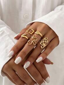 5pcs Stainless Steel 18K Gold Plated Summer Minimalist Chic Fashion Casual Style Geometric Gold Line Plumeria Oval Adjustable Open Ring Set, Suitable For Women's Daily, Holiday, Date, Vacation, Beach, Party Wear, Casual Jewelry Gift - Multicolor - View 3