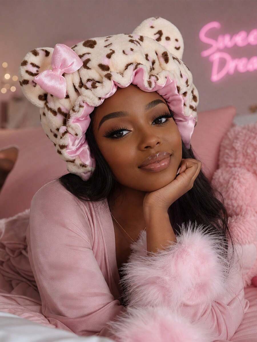 CONFLASS Leopard Print Bear Ear Satin Lined Sleep Cap, Cute Pink Bow Fleece Headband, Women's Curly Hair Protection Night Cap, Soft Plush Sleep Headband