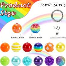 50 piezas de cuentas de burbuja con rayas arcoíris, mezcla de cuentas de resina acrílica con strass de 20mm de colores, para bolígrafos de cuentas hechos a mano DIY, llaveros, cuentas sueltas - Multicolor - Ver 2
