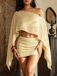 2026 Summer Women's Sexy Off-Shoulder Asymmetric Draped Sleeve Chiffon Cropped Top, Essential For Party, Date, Vacation - Yellow - View 10