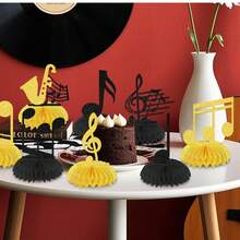 8 piezas de centros de mesa de panal de abeja con notas musicales de papel, suministros para conciertos y bautizos, decoraciones para fiestas de cumpleaños con tema de notas musicales, decoraciones para fiestas con tema de notas musicales de saxofón, centros de mesa de fiesta en negro y dorado - Ver 7