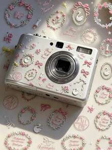 1pc French Pink Bow & Floral Swan Frame Sticker, Gentle Vintage Waterproof Self-Adhesive No-Residue, Universal Sweet Decorative Sticker For Adult Digital Camera, Phone Case, Earphone Box, Digital Device Soft Romantic Atmosphere Shell Beautification Sticker - Swan Flower Frame - View 1