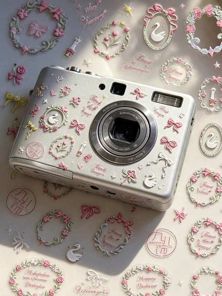 1pc French Pink Bow & Floral Swan Frame Sticker, Gentle Vintage Waterproof Self-Adhesive No-Residue, Universal Sweet Decorative Sticker For Adult Digital Camera, Phone Case, Earphone Box, Digital Device Soft Romantic Atmosphere Shell Beautification Sticker - Swan Flower Frame - View 1