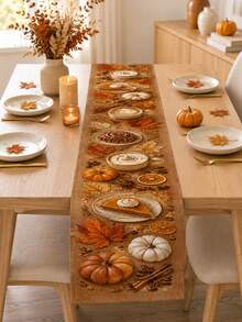 1pc-Autumn Linen Table Runner, Coffee Pumpkin Dessert Table Decor, Rustic Farmhouse Fall Dining Table Runner For Kitchen, Single-Sided Harvest Table Decoration, Thanksgiving Holiday Centerpiece Accent For Home Parties - Multicolor - View 3
