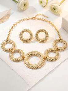 2 Sets New Creative Fashion Elegant Geometric Hollow Circle Large Bib Necklace & Stud Earrings Set, European & American Exaggerated Statement Necklace, Suitable For Casual, Party, Runway And Other Occasions - Yellow Gold - View 3